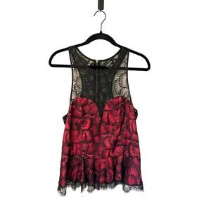 Vintage Y2K BEBE Women's Sz. L Magenta w/Black Lace Dressy Racerback Zip Top